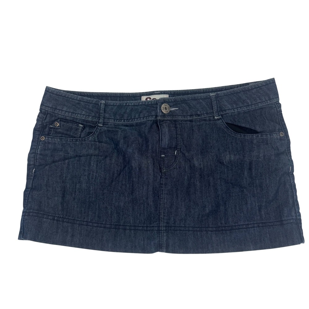 SO Denim Mini Skirt Women Dark Wash Size 15 Blue Low Rise Y2K Style Cotton Blend